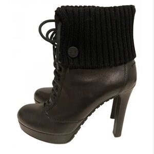 Gucci Brown Heeled Lace Up Boots with Knit Cuff